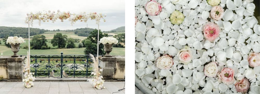 romantische luxe bruiloft bij chateau neercanne wedding styling backdrop bloemen