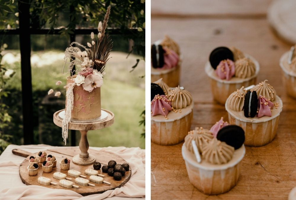 sweet table bruidstaart en cupcakes boho, vintage style
